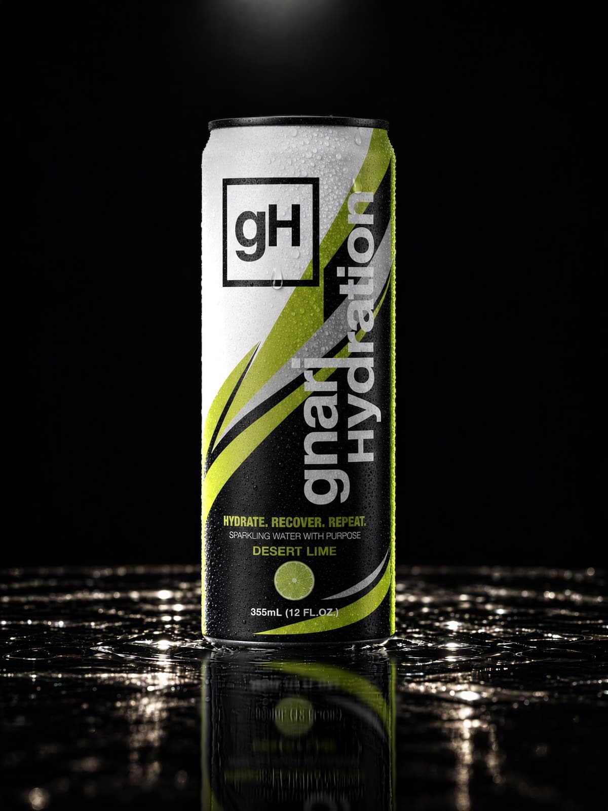 GH001 Desert Lime, a can standing in a thin film of sparkling water on black glass