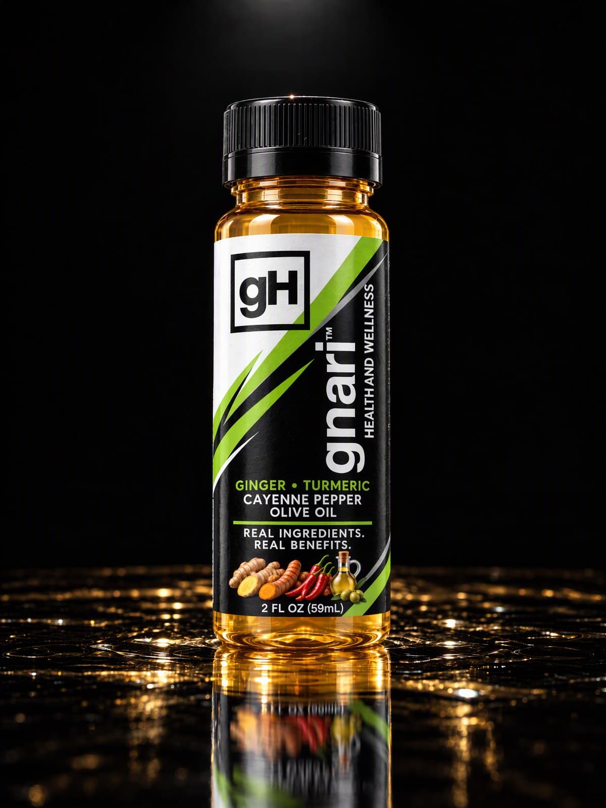 GH002 Wellness Shot, a 2 oz bottle standing in a film of golden liquid on black glass
