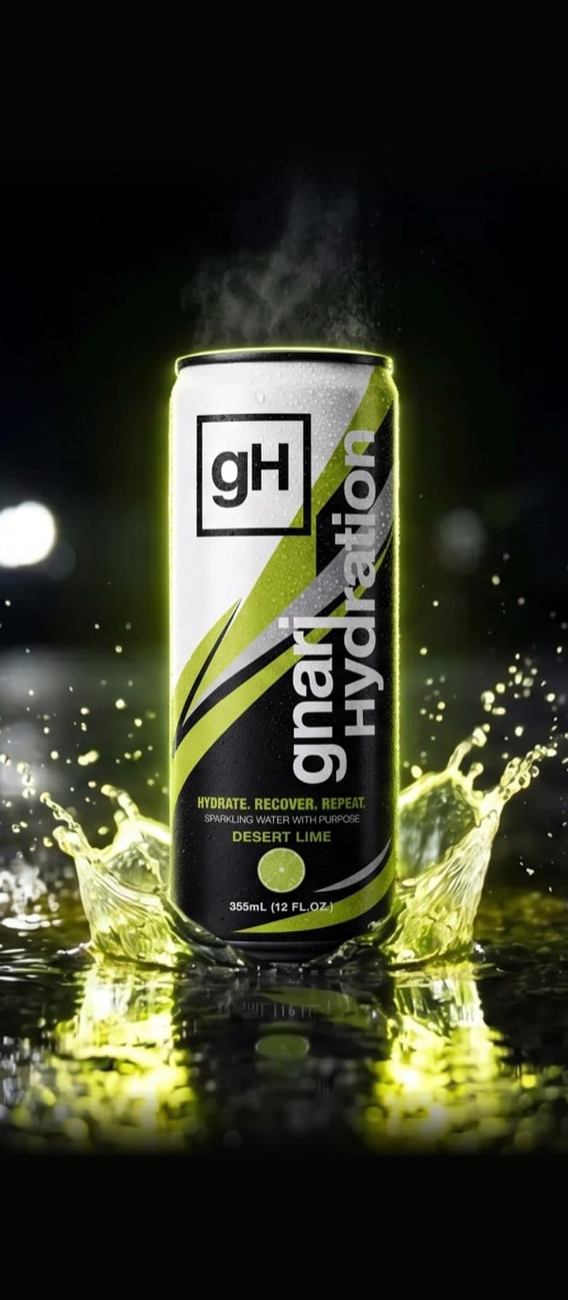Gnari Hydration can standing in a splash on wet asphalt at night, lit by lime-green light